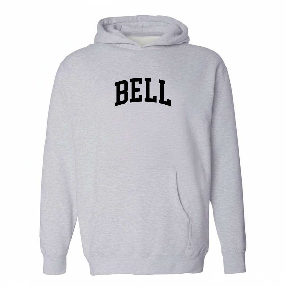 Heather-gray hoodie with the Bell arched varsity lettering design on the chest.