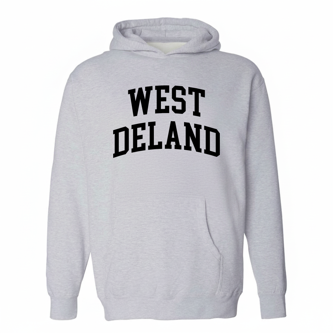 Heather-gray hoodie with the West DeLand varsity arched lettering design on the chest.
