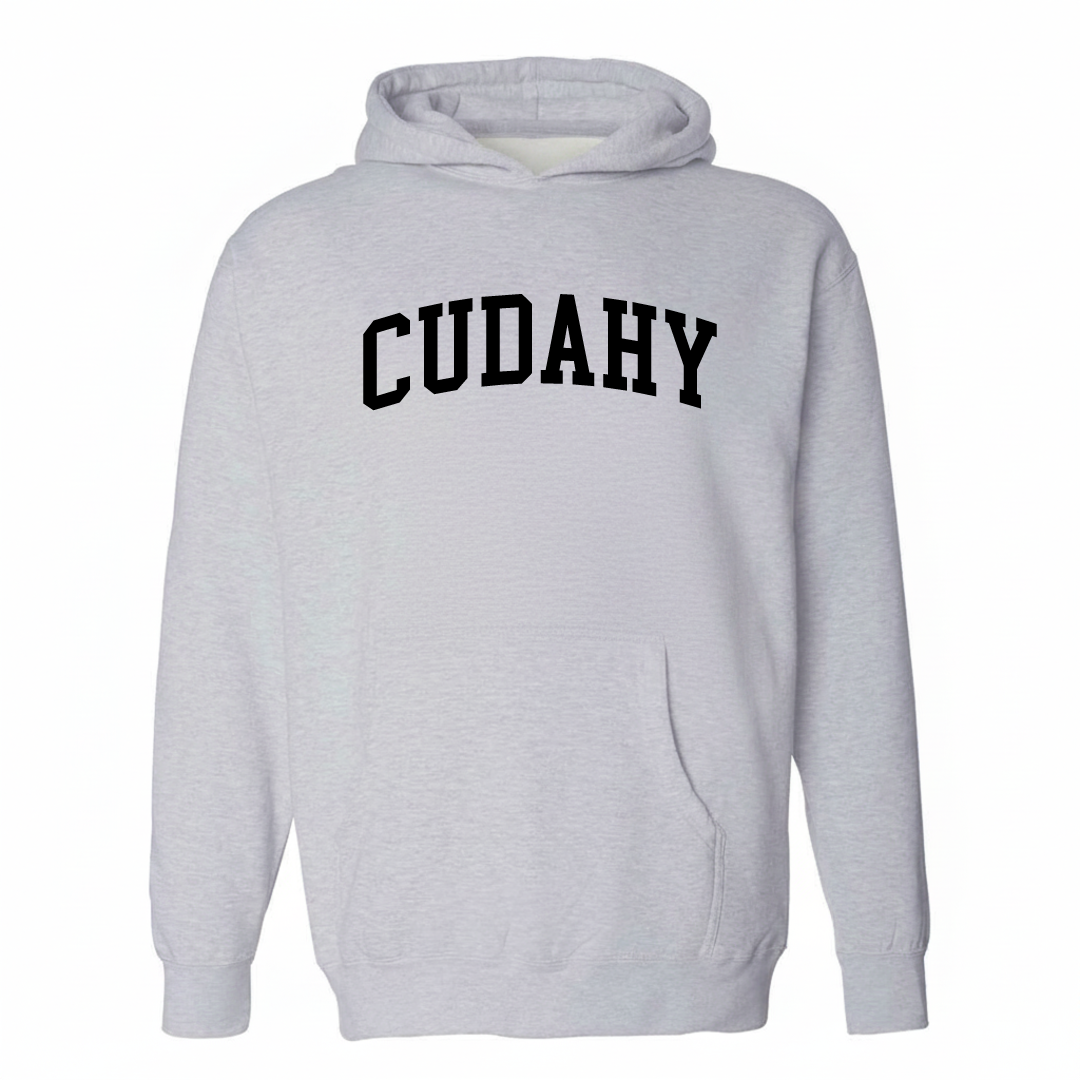 Heather-gray hoodie with the Cudahy varsity arched lettering design on the chest.