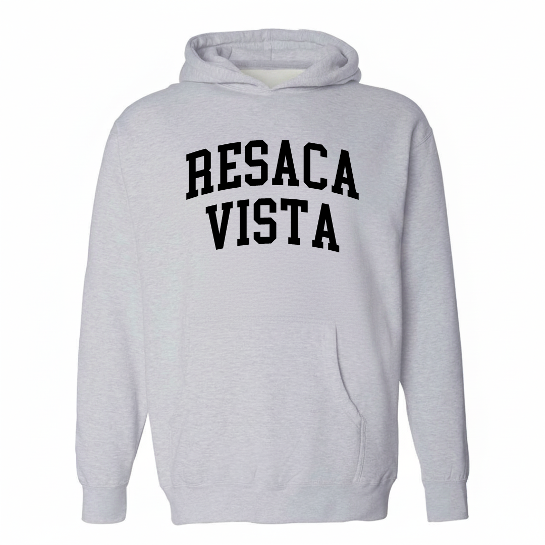 Heather-gray hoodie with the Resaca Vista varsity arched lettering design on the chest.