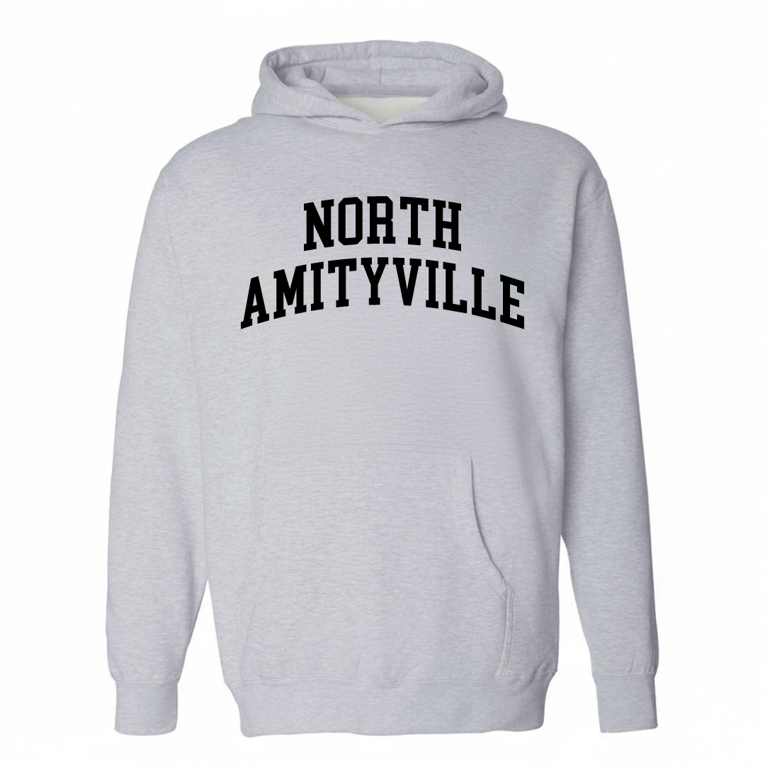 Heather-gray hoodie with the North Amityville varsity arched lettering design on the chest.