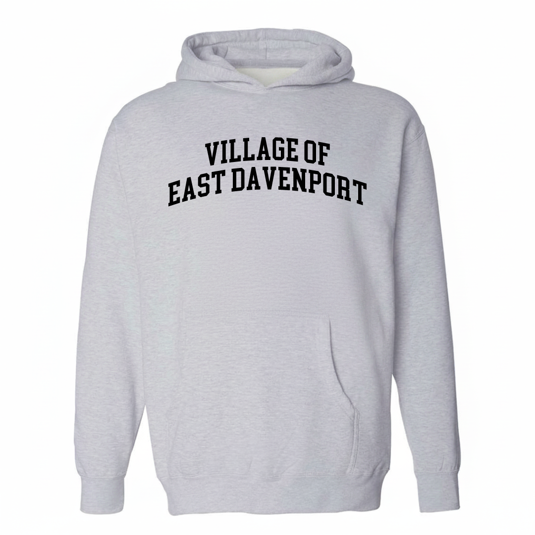 Heather-gray hoodie with the Village of East Davenport varsity arched lettering design on the chest.