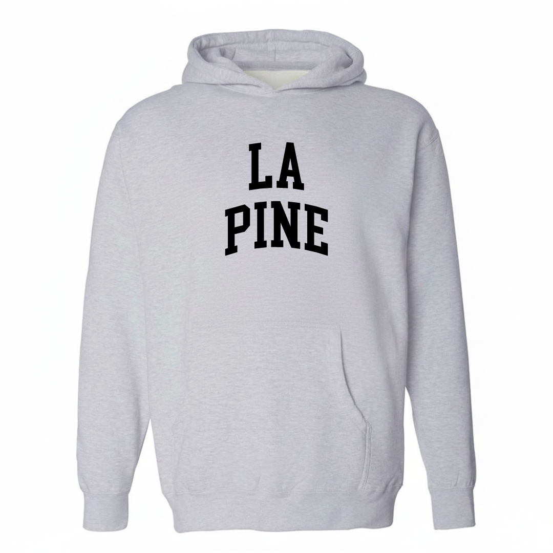 Heather-gray hoodie with the La Pine varsity arched lettering design on the chest.