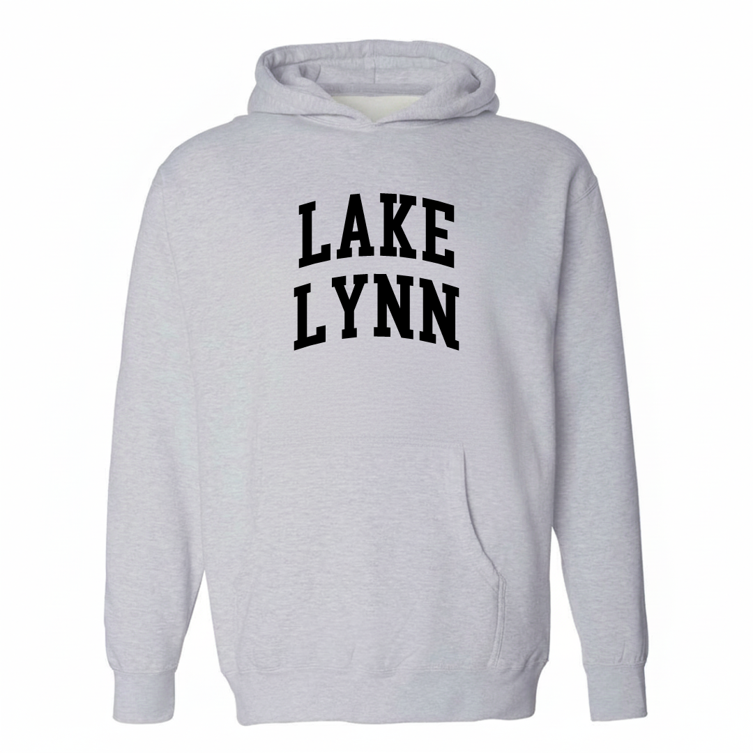 Heather-gray hoodie with the Lake Lynn arched lettering design on the chest.
