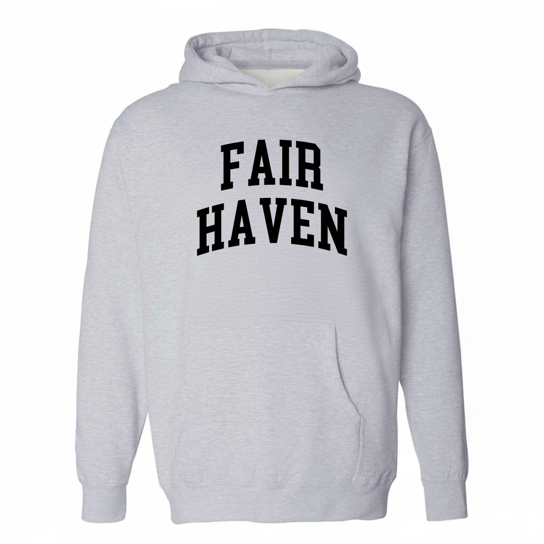 Heather-gray hoodie with the Fair Haven varsity arched lettering design on the chest.