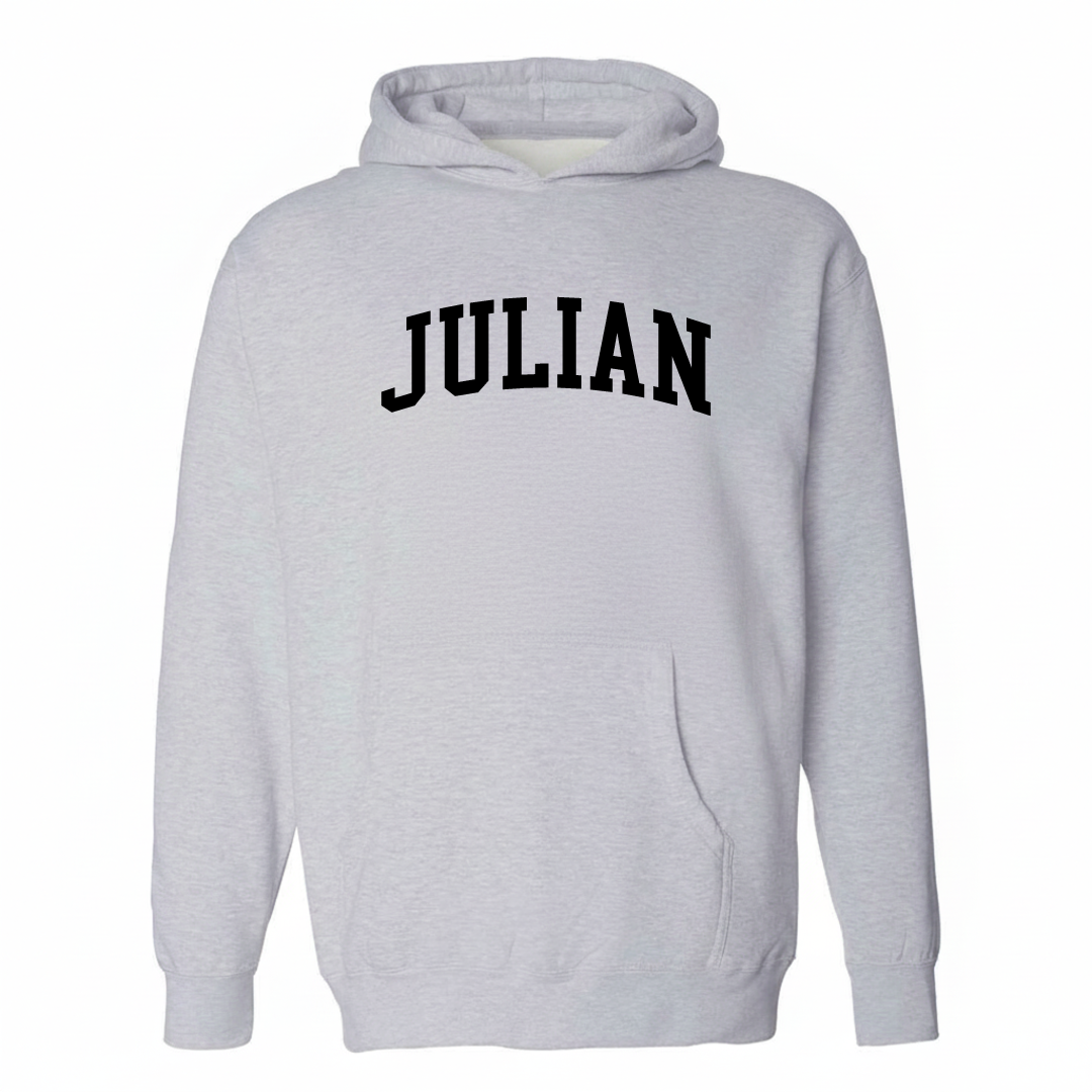 Heather-gray hoodie with the Julian varsity arched lettering design on the chest.