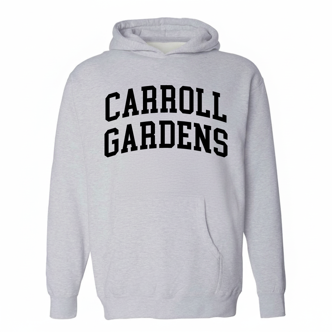 Heather-gray hoodie with the Carroll Gardens arched lettering design on the chest.