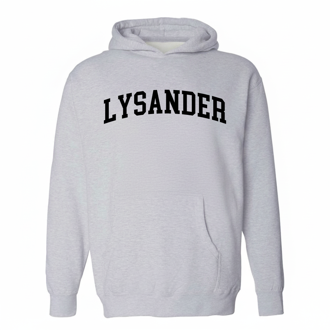 Heather-gray hoodie with the Lysander arched varsity lettering design on the chest.