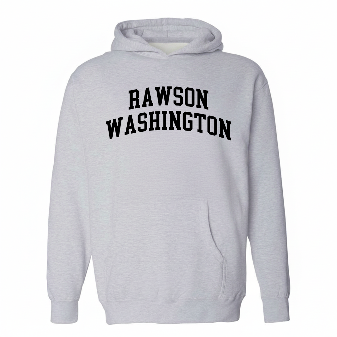 Heather-gray hoodie with the Rawson-Washington varsity arched lettering design on the chest.