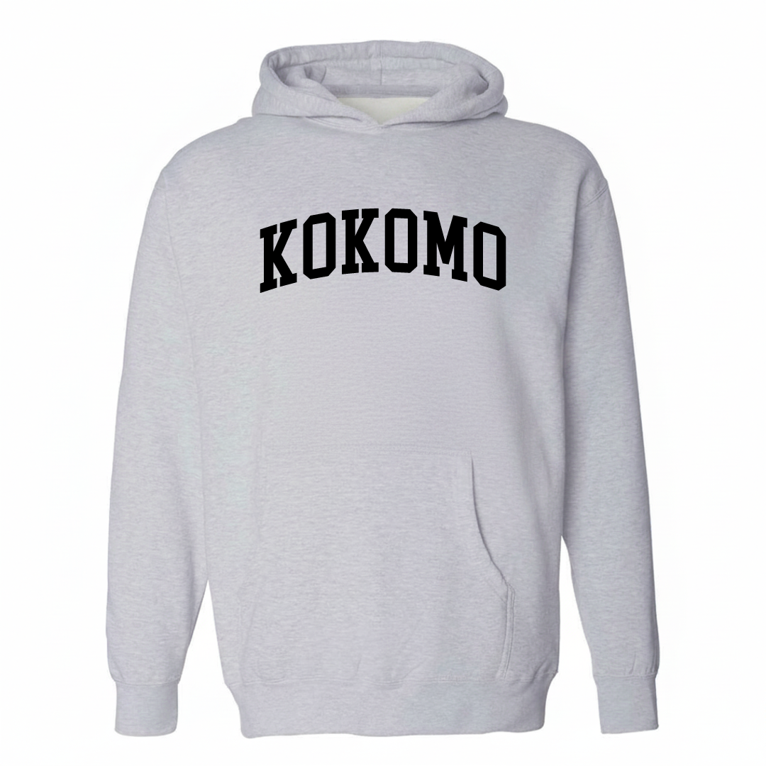 Heather-gray hoodie with the Kokomo arched varsity lettering design on the chest.