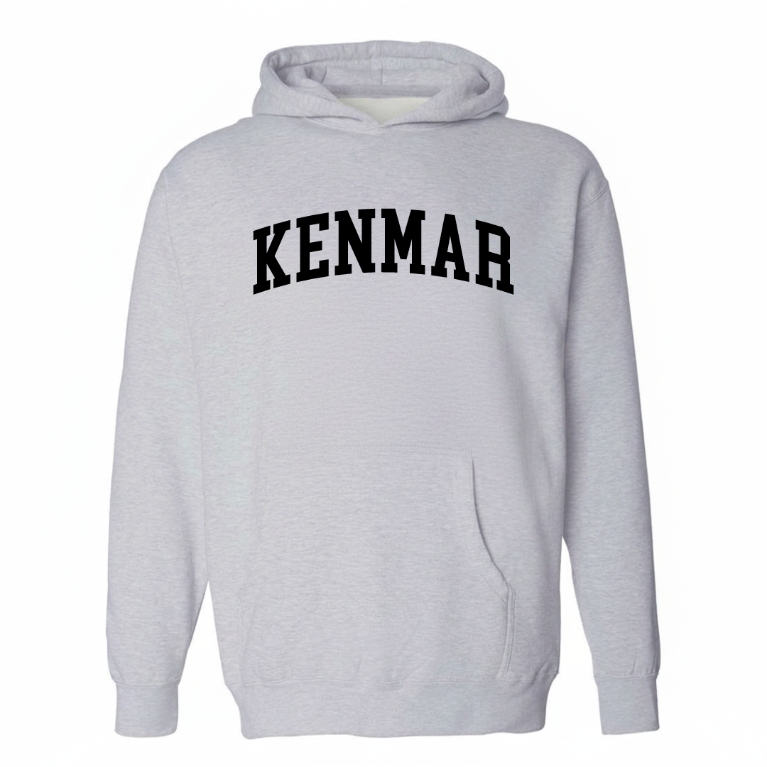Heather-gray hoodie with the Kenmar varsity arched lettering design on the chest.