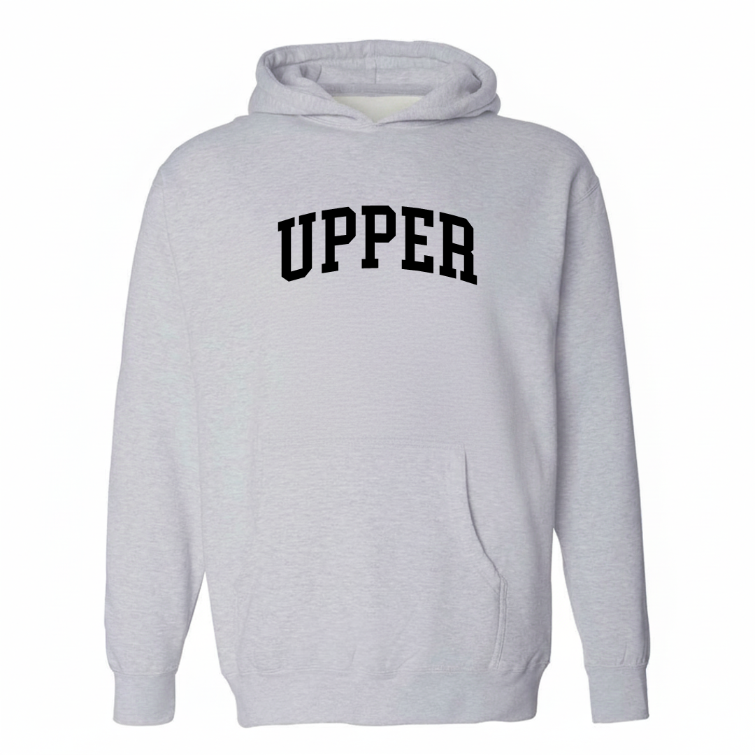Heather-gray hoodie with the Upper Township varsity arched lettering design on the chest.
