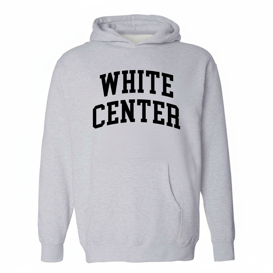 Heather-gray hoodie with the White Center arched lettering varsity-collegiate design on the chest.