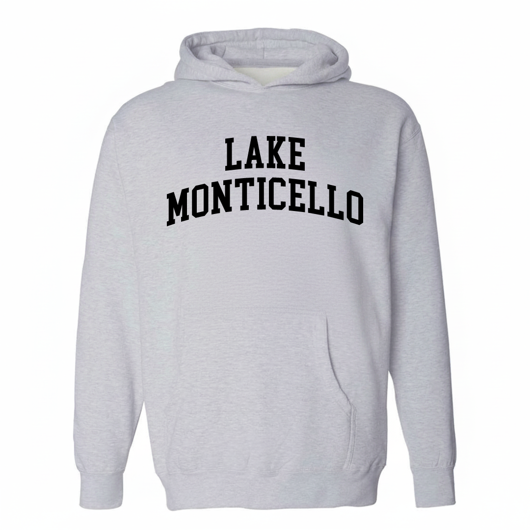 Heather-gray hoodie with the Lake Monticello varsity arched lettering design on the chest.