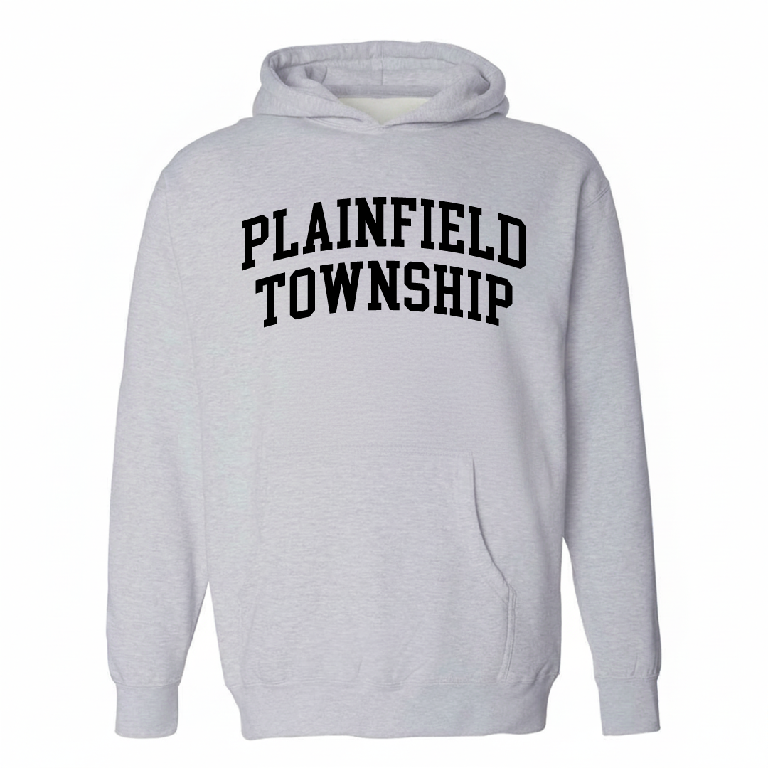 Heather-gray hoodie with the Plainfield Township varsity arched lettering design on the chest.