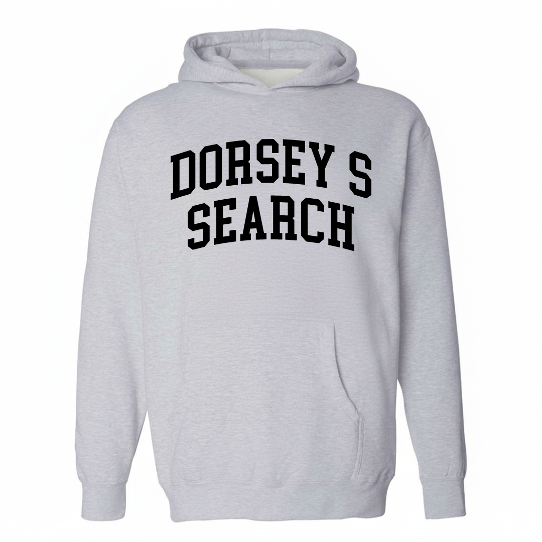 Heather-gray hoodie with the Dorsey's Search varsity arched lettering design on the chest.