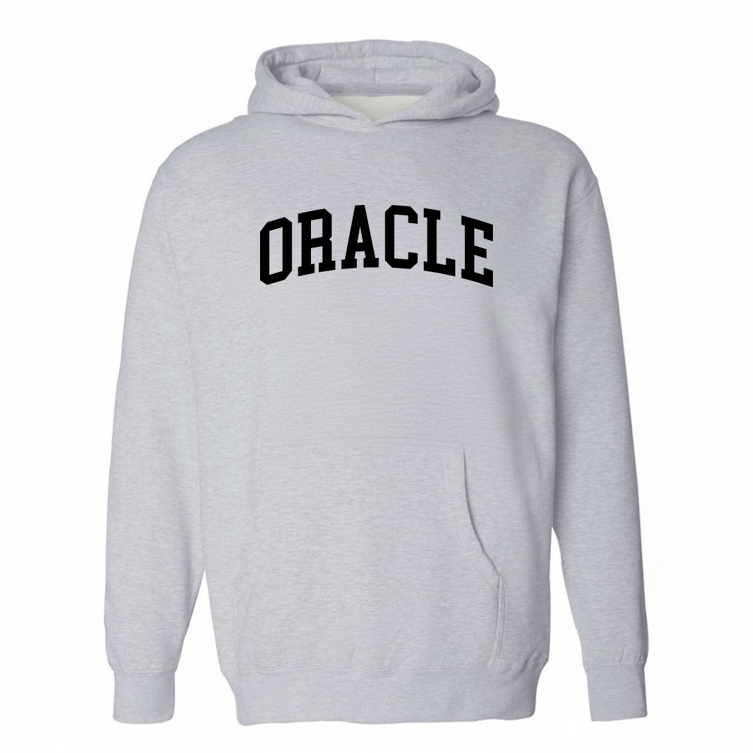 Heather-gray hoodie with the Oracle arched varsity lettering design on the chest.