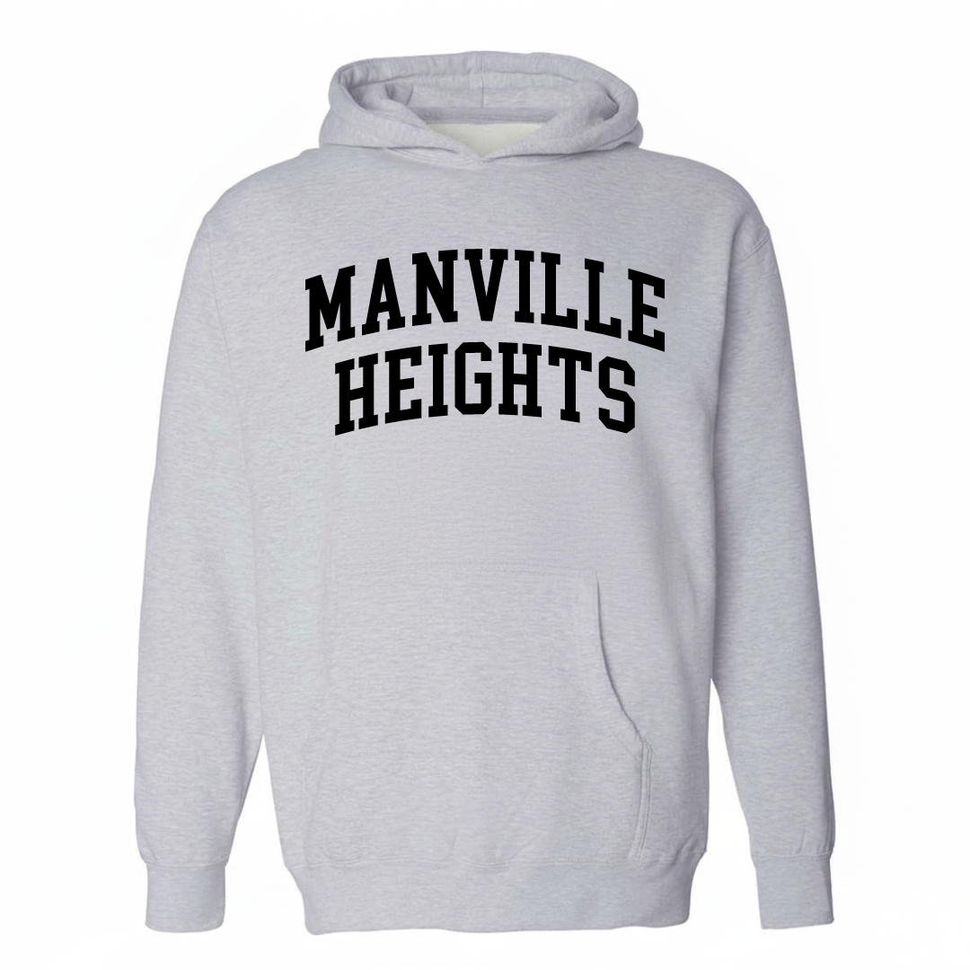 Heather-gray hoodie with the Manville Heights varsity arched lettering design on the chest.