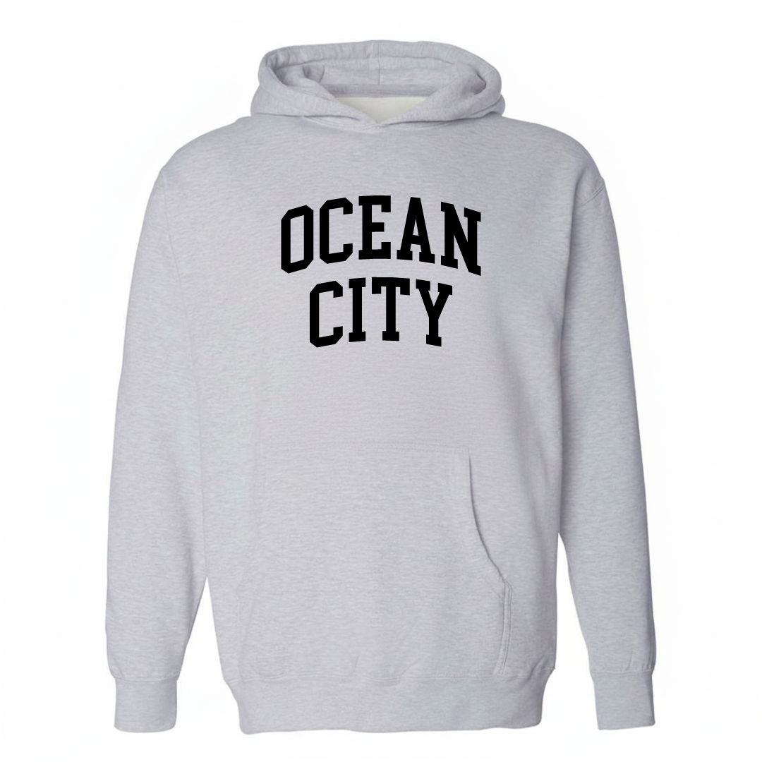 Heather-gray hoodie with the Ocean City arched lettering design on the chest.