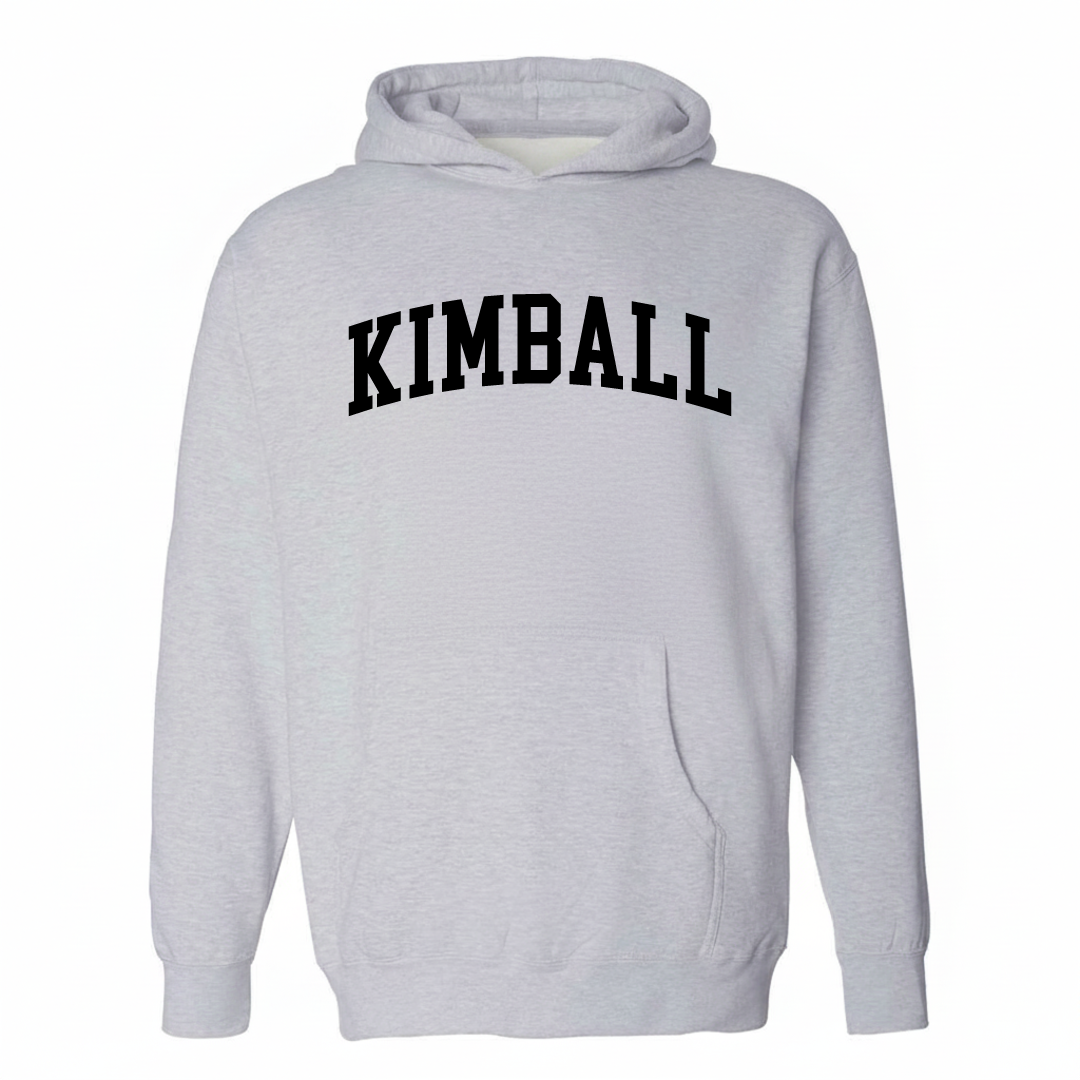 Heather-gray hoodie with the Kimball varsity arched lettering design on the chest.