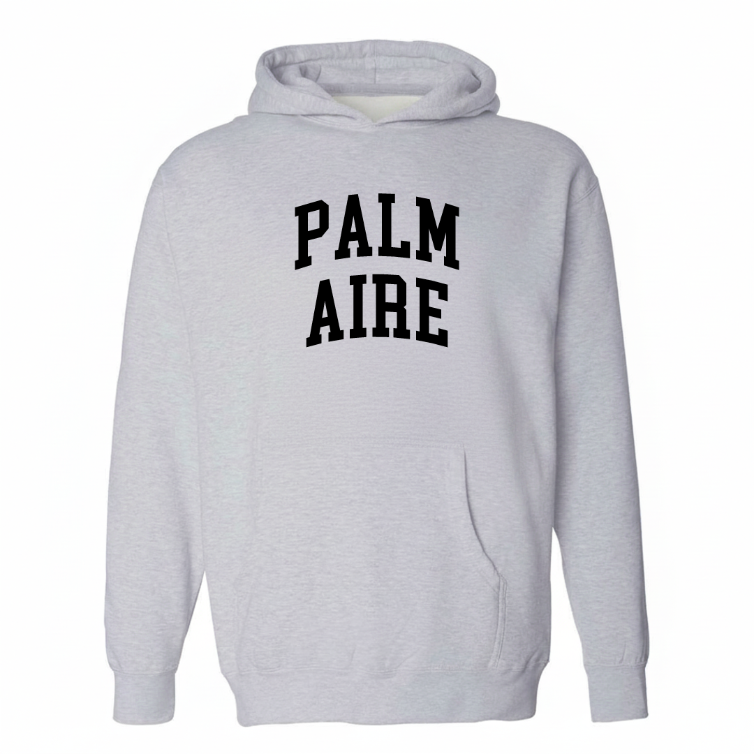 Heather-gray hoodie with the Palm Aire varsity arched lettering design on the chest.