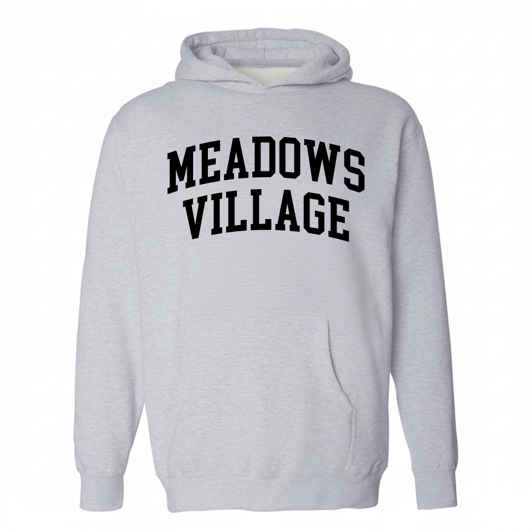 Heather-gray hoodie with the Meadows Village arched varsity lettering design on the chest.