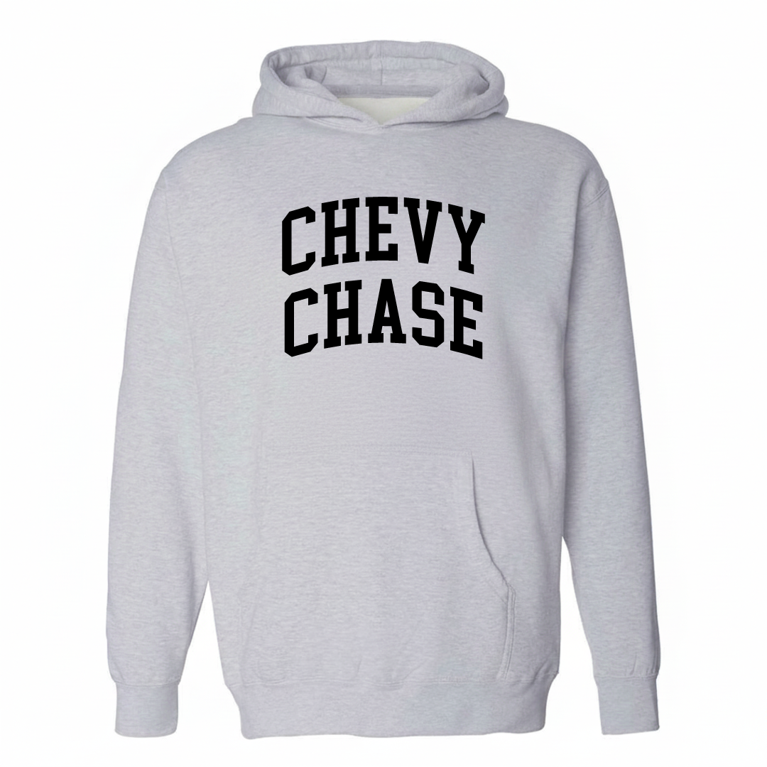 Heather-gray hoodie with the Chevy Chase varsity arched lettering design on the chest.