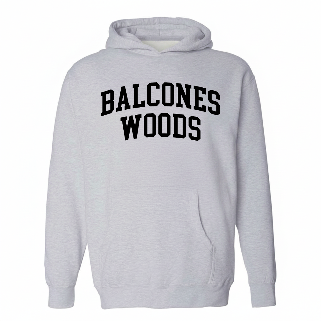 Heather-gray hoodie with the Balcones Woods varsity arched lettering design on the chest.