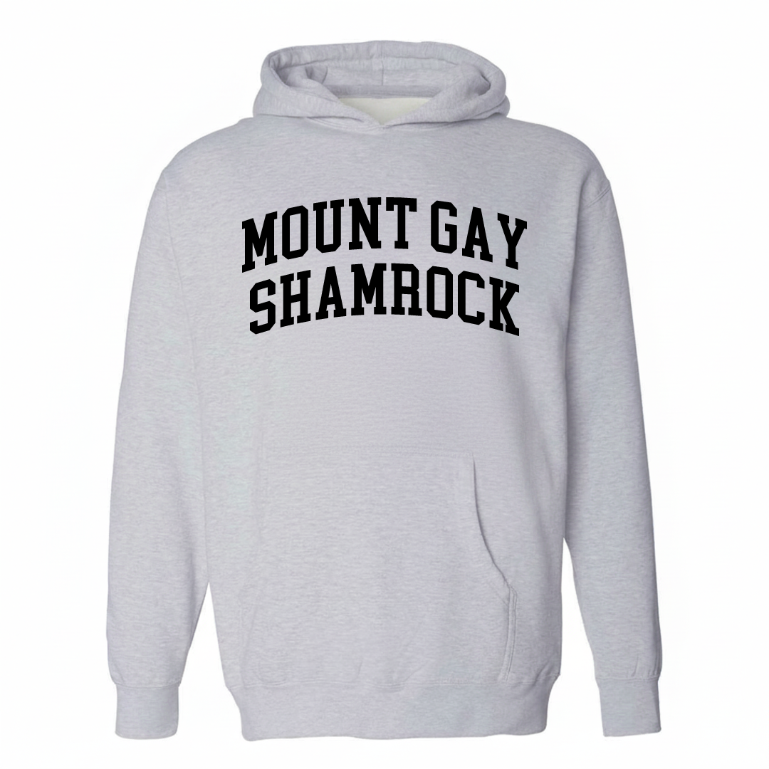 Heather-gray hoodie with the Mount Gay-Shamrock varsity arched lettering design on the chest.