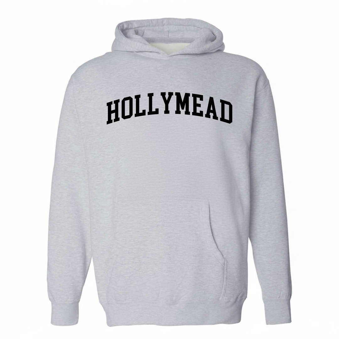 Heather-gray hoodie with the Hollymead varsity arched lettering design on the chest.