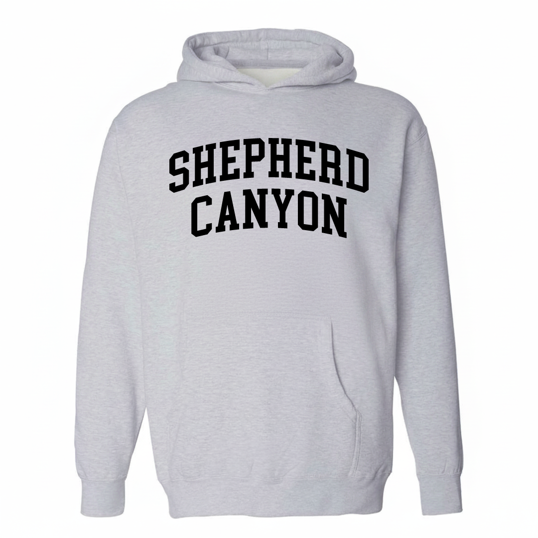 Heather-gray hoodie with the Shepherd Canyon varsity arched lettering design on the chest.