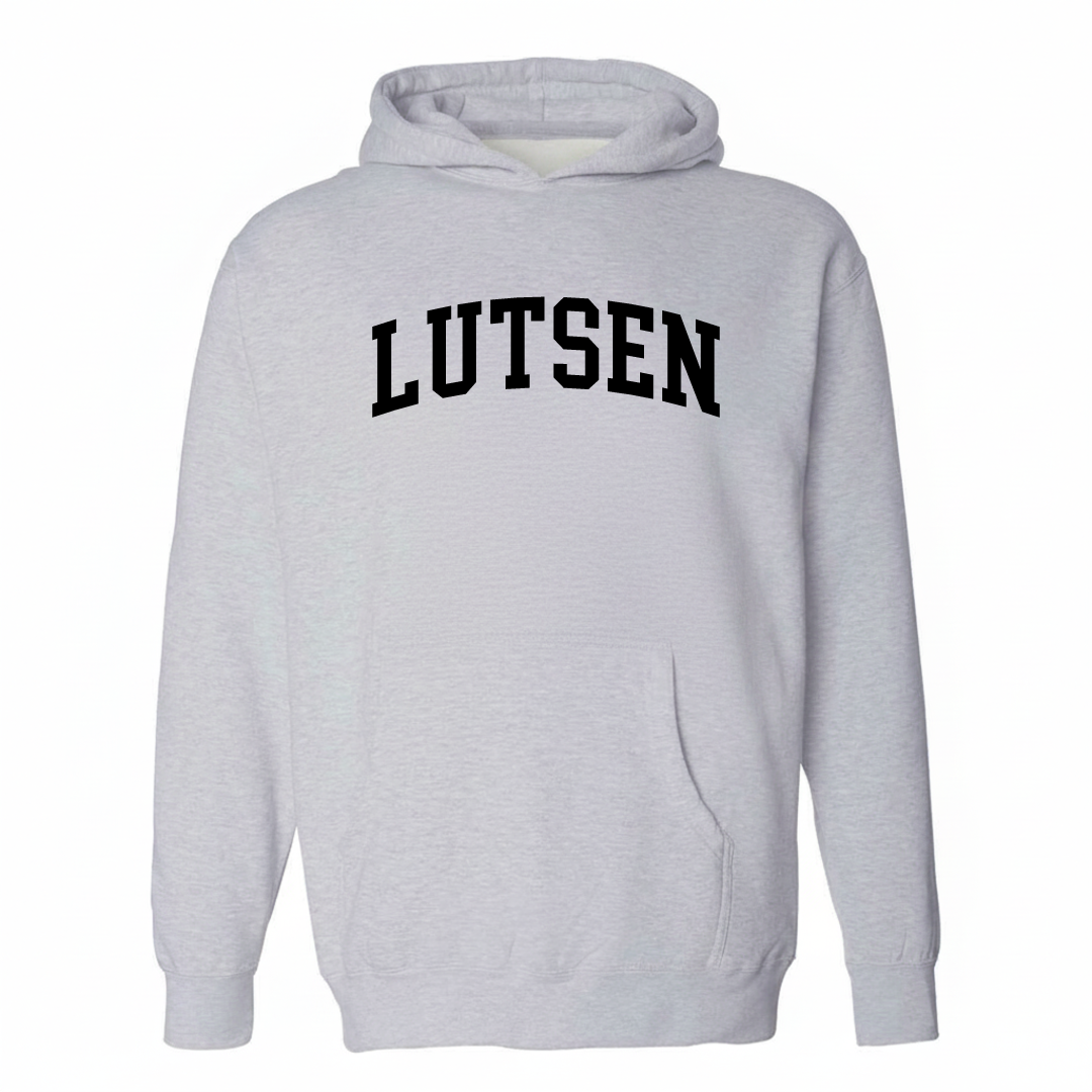 Heather-gray hoodie with the Lutsen arched lettering varsity-collegiate design on the chest.