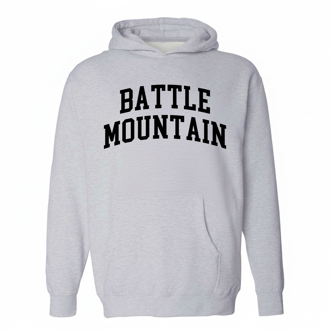 Heather-gray hoodie with the Battle Mountain varsity arched lettering design on the chest.