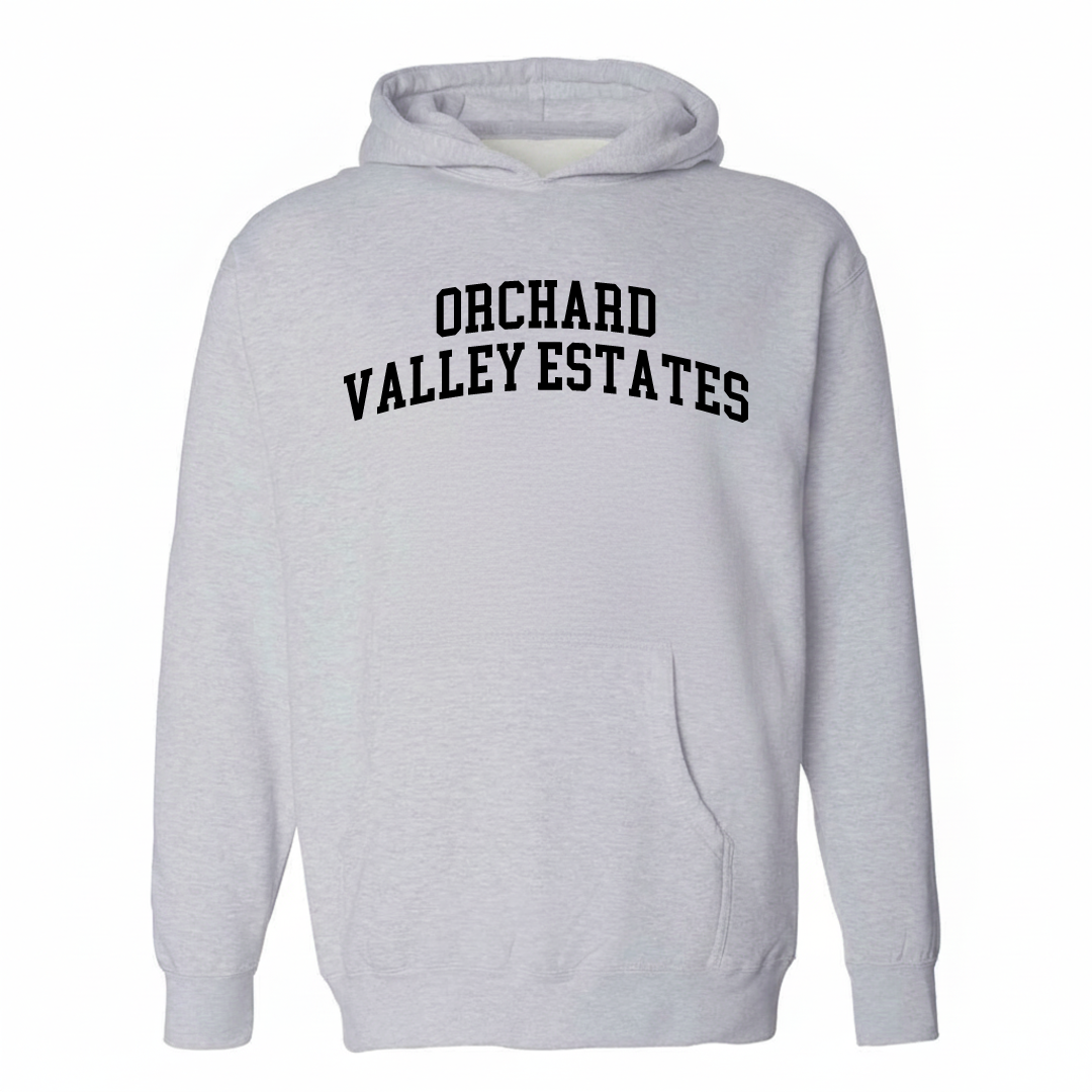 Heather-gray hoodie with the Orchard Valley Estates varsity arched lettering design on the chest.