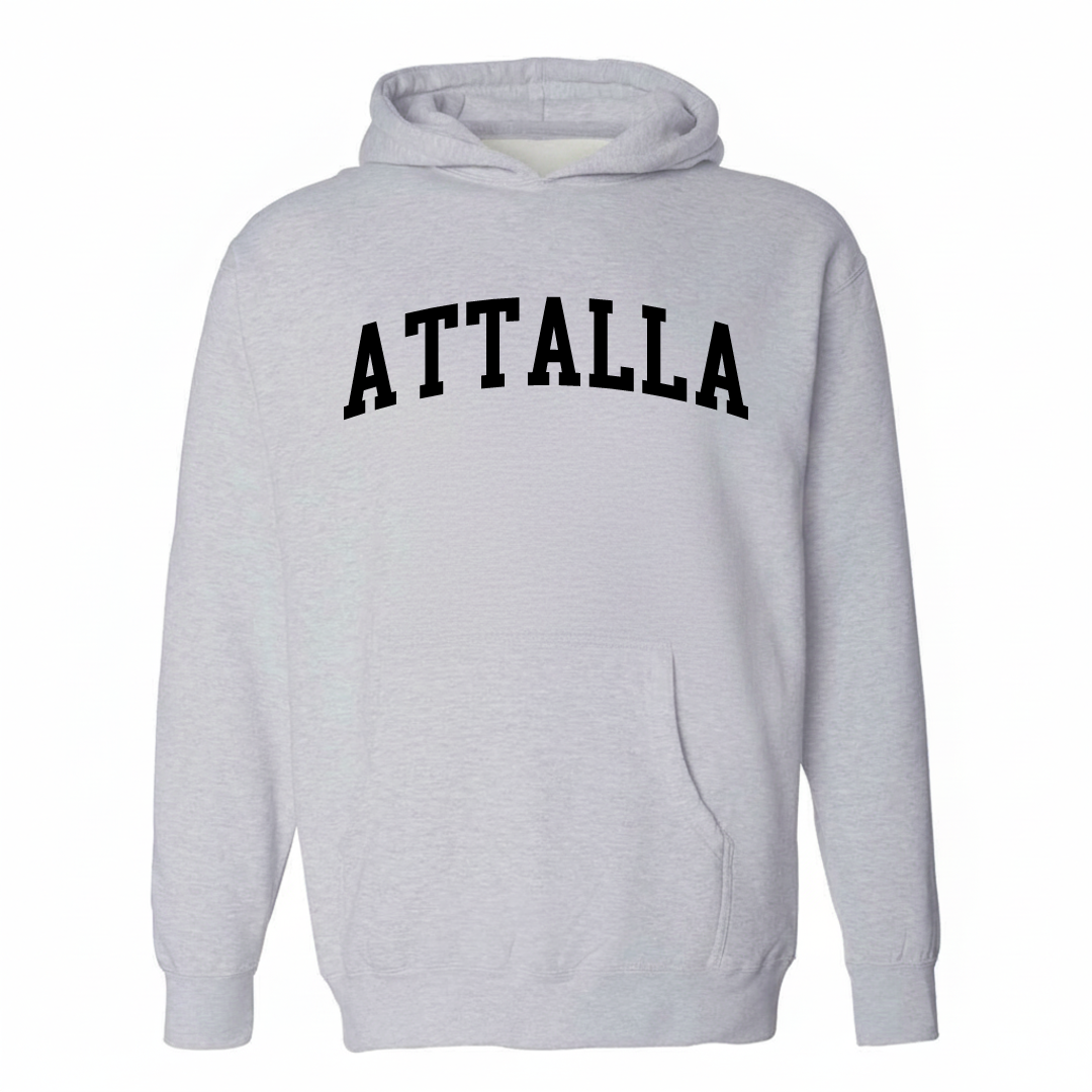 Heather-gray hoodie with the Attalla arched varsity lettering design on the chest.
