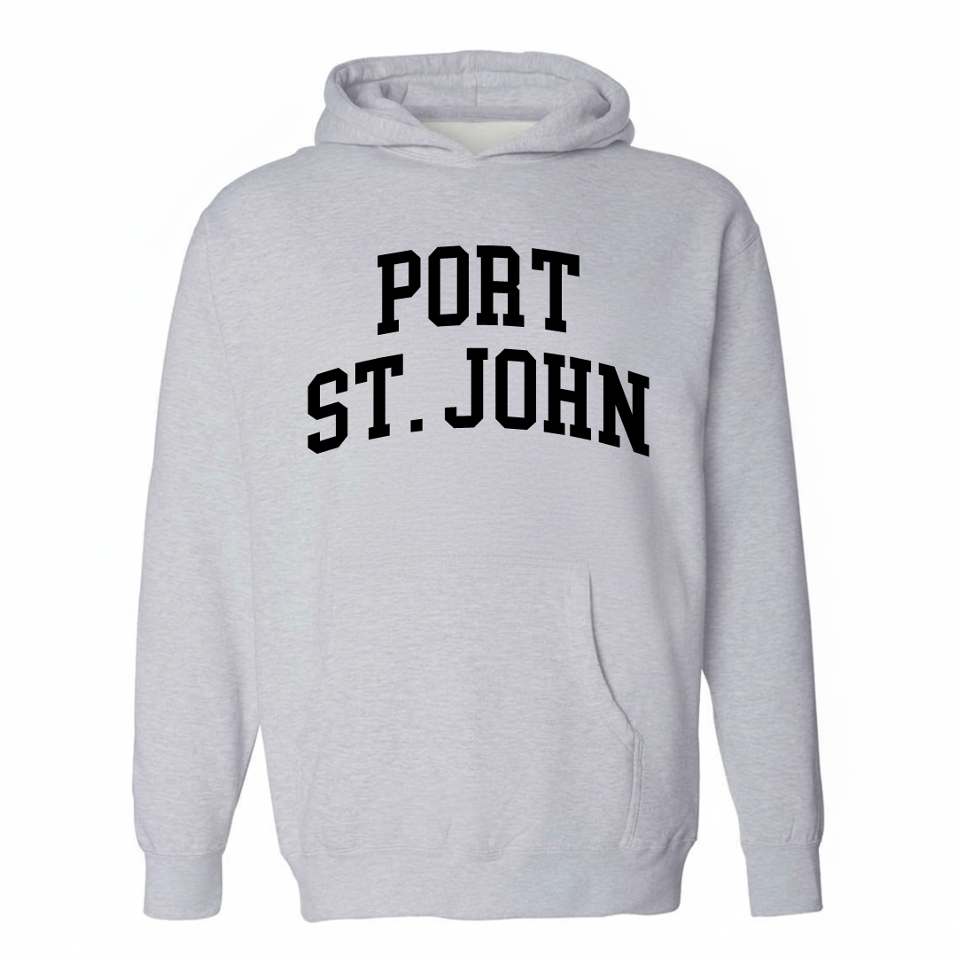 Heather-gray hoodie with the Port St. John varsity arched lettering design on the chest.