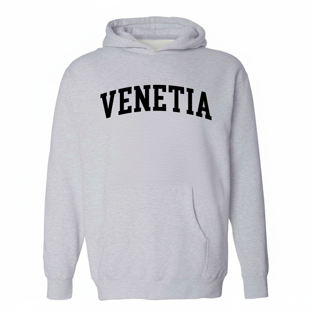 Heather-gray hoodie with the Venetia arched lettering varsity design on the chest.
