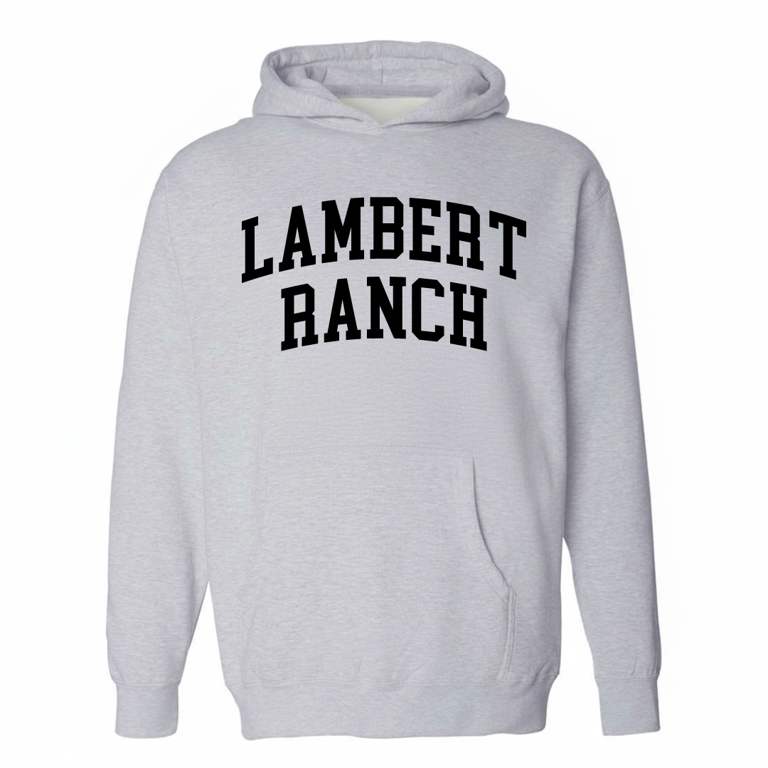 Heather-gray hoodie with the Lambert Ranch varsity arched lettering design on the chest.