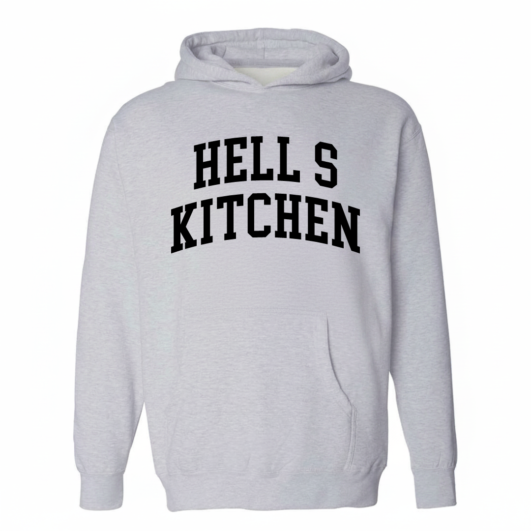 Heather-gray hoodie with the Hell's Kitchen arched lettering design on the chest.