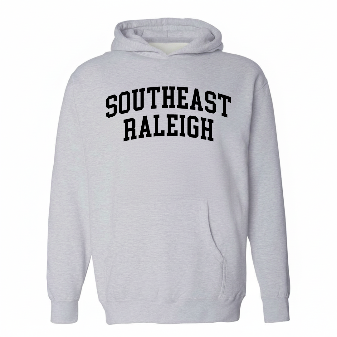 Heather-gray hoodie with the Southeast Raleigh varsity arched lettering design on the chest.