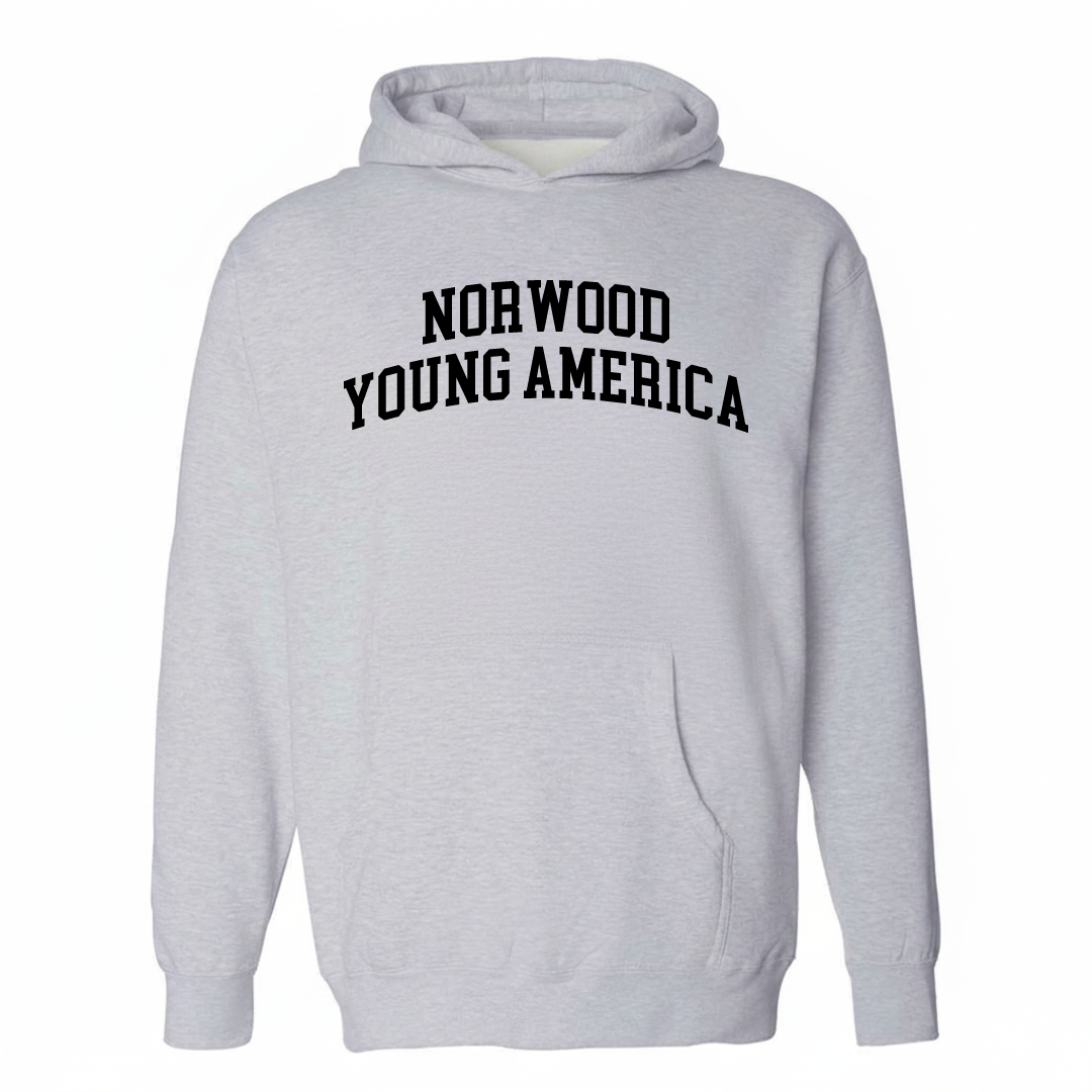 Heather-gray hoodie with the Norwood Young America varsity arched lettering design on the chest.