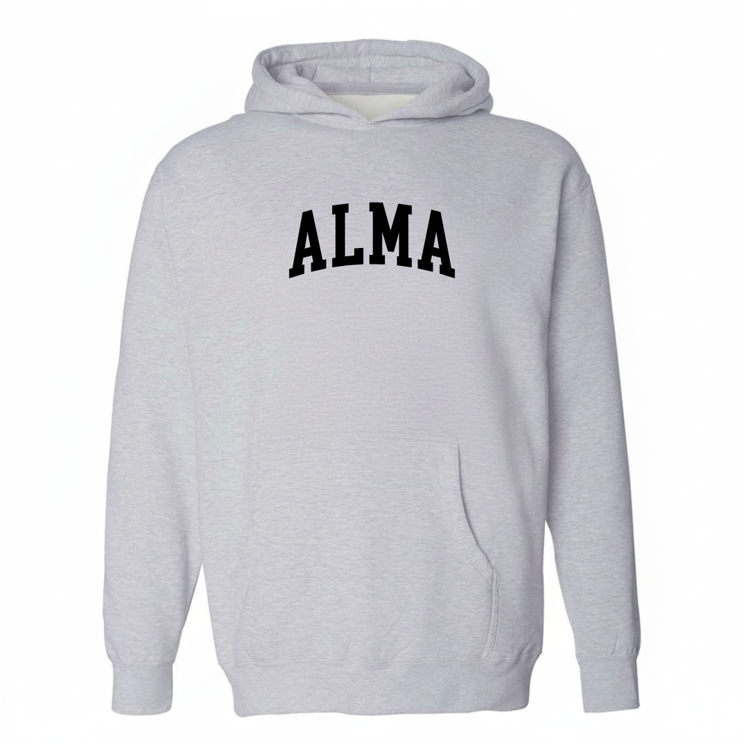 Heather-gray hoodie with the Alma arched varsity lettering design on the chest.