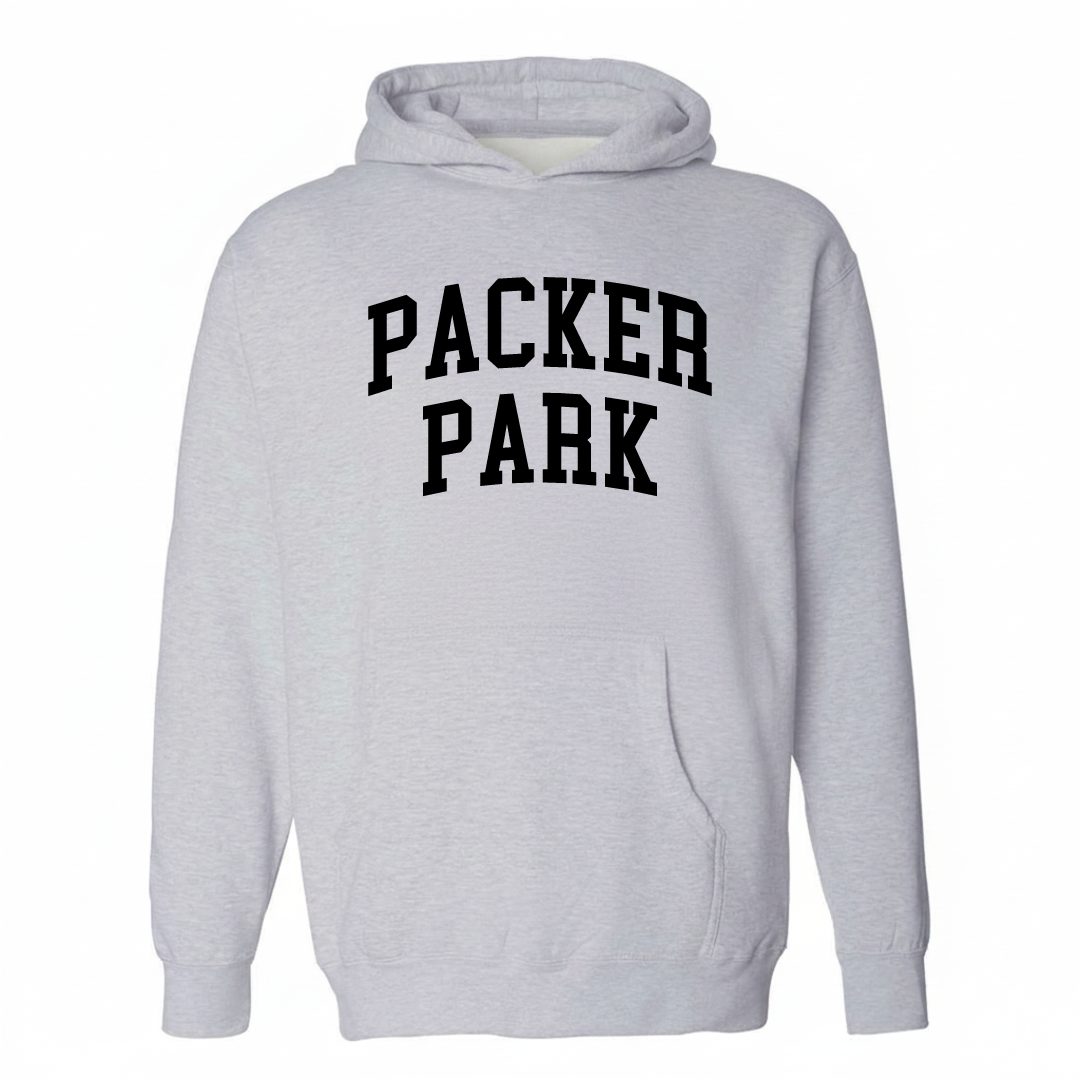Heather-gray hoodie with the Packer Park varsity arched lettering design on the chest.