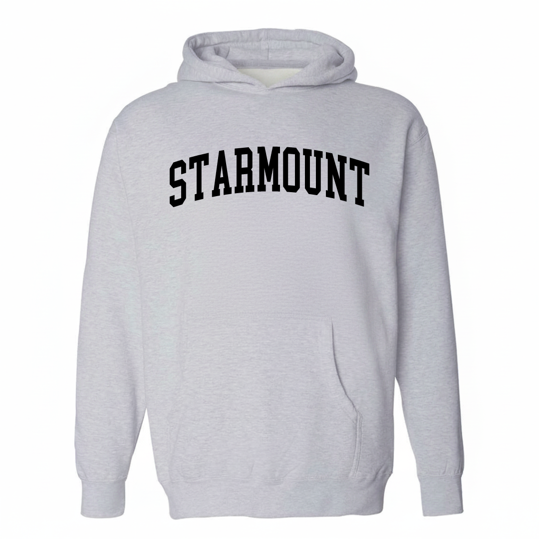 Heather-gray hoodie with the Starmount varsity arched lettering design on the chest.