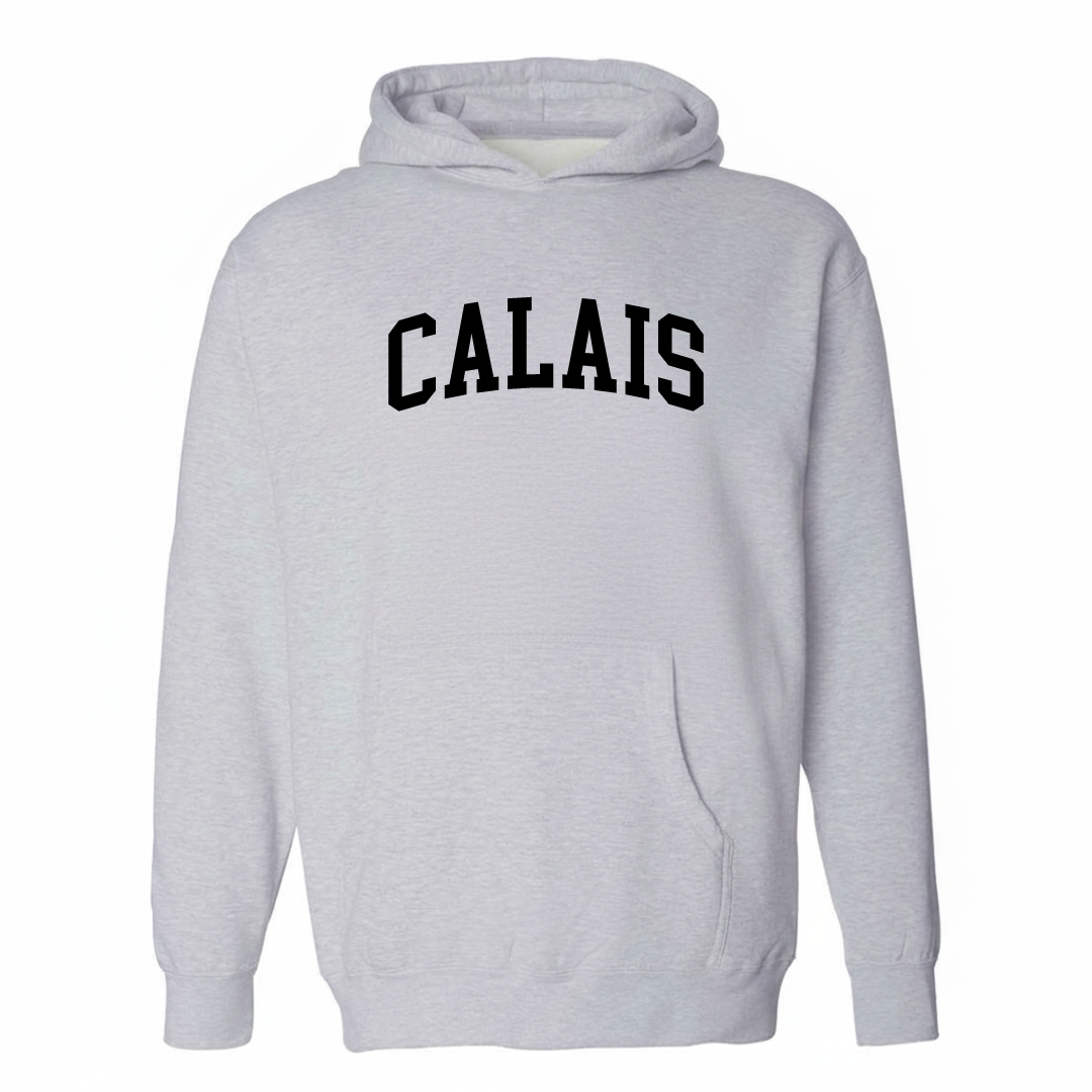 Heather-gray hoodie with the Calais varsity arched lettering design on the chest.