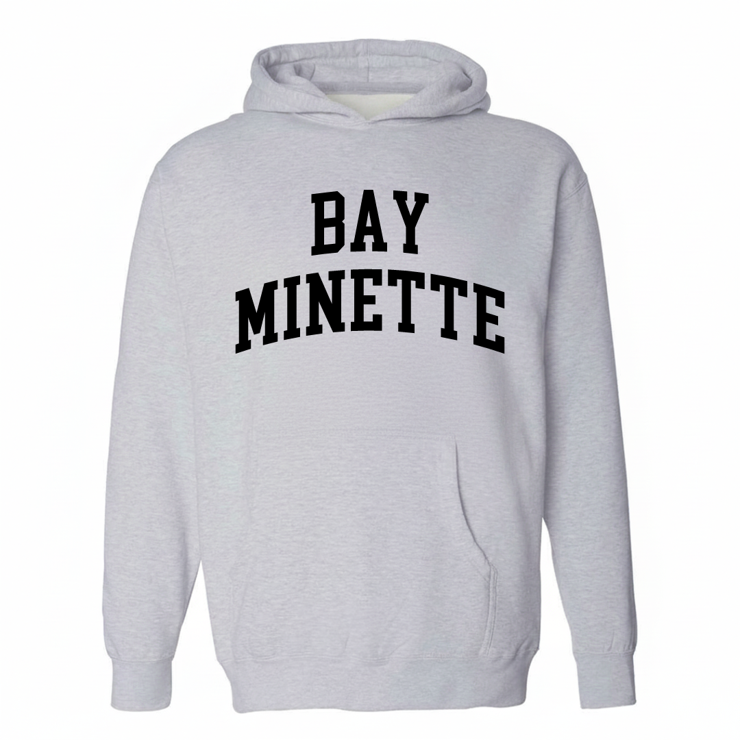 Heather-gray hoodie with the Bay Minette varsity arched lettering design on the chest.