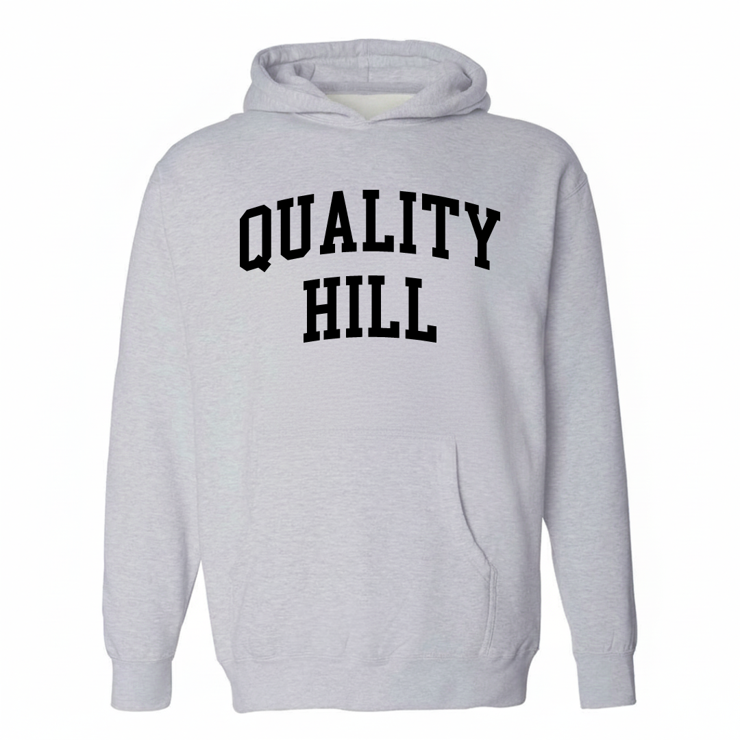 Heather-gray hoodie with the Quality Hill arched lettering varsity-collegiate design on the chest.