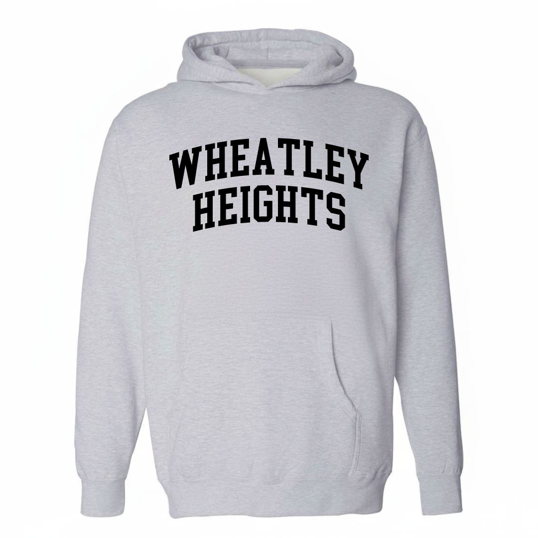 Heather-gray hoodie with the Wheatley Heights varsity arched lettering design on the chest.