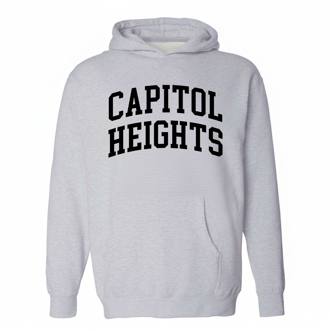 Heather-gray hoodie with the Capitol Heights arched lettering design on the chest.