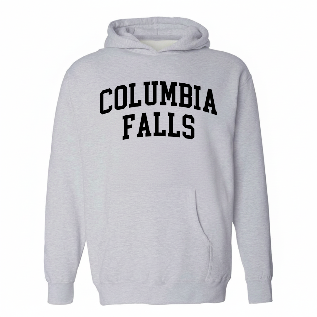 Heather-gray hoodie with the Columbia Falls arched lettering design on the chest.